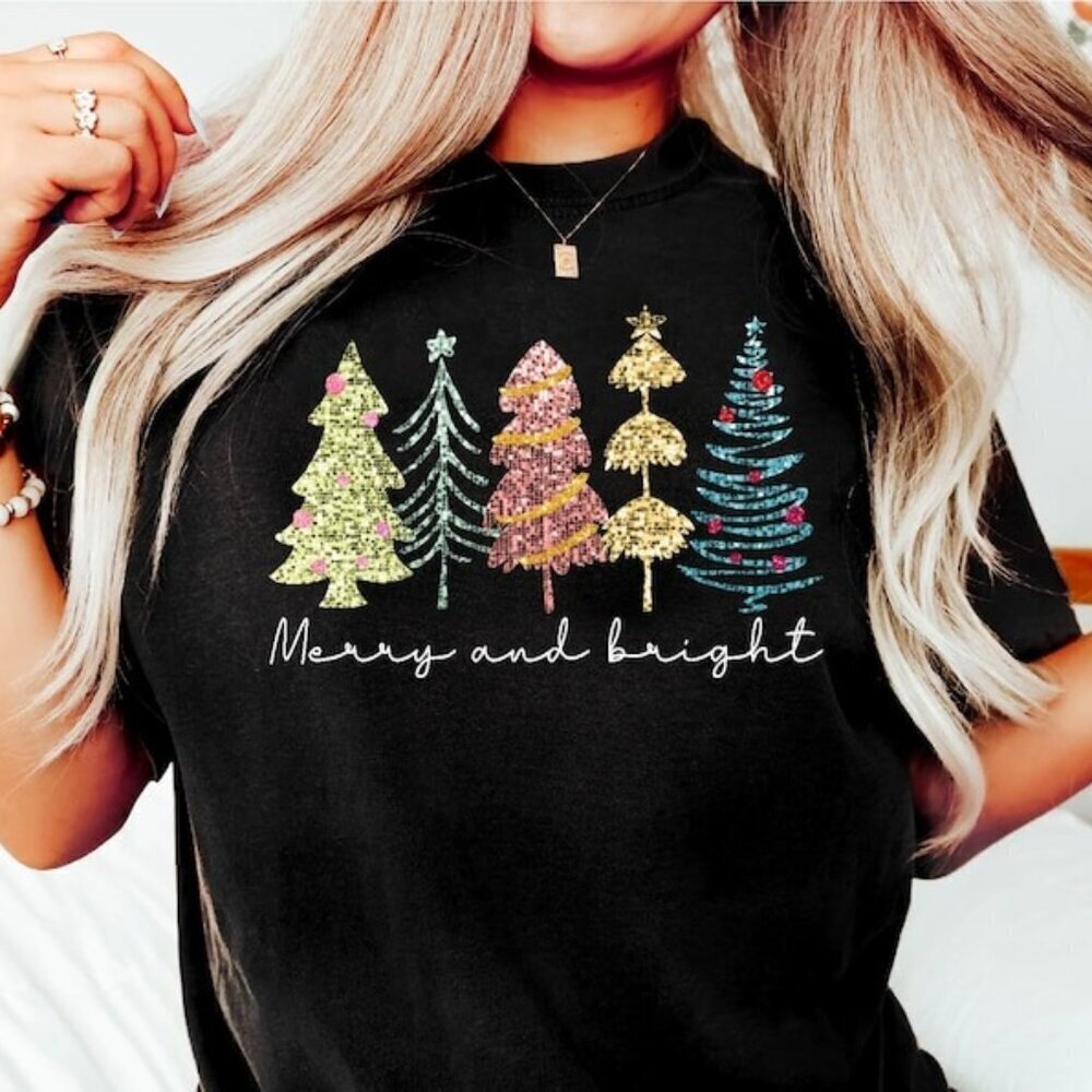 Merry And Bright Trees Shirt Glitter Like Tshirt Holiday